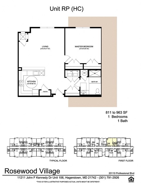 Floor plan for 1 bed, 1 bath, 975 sqft